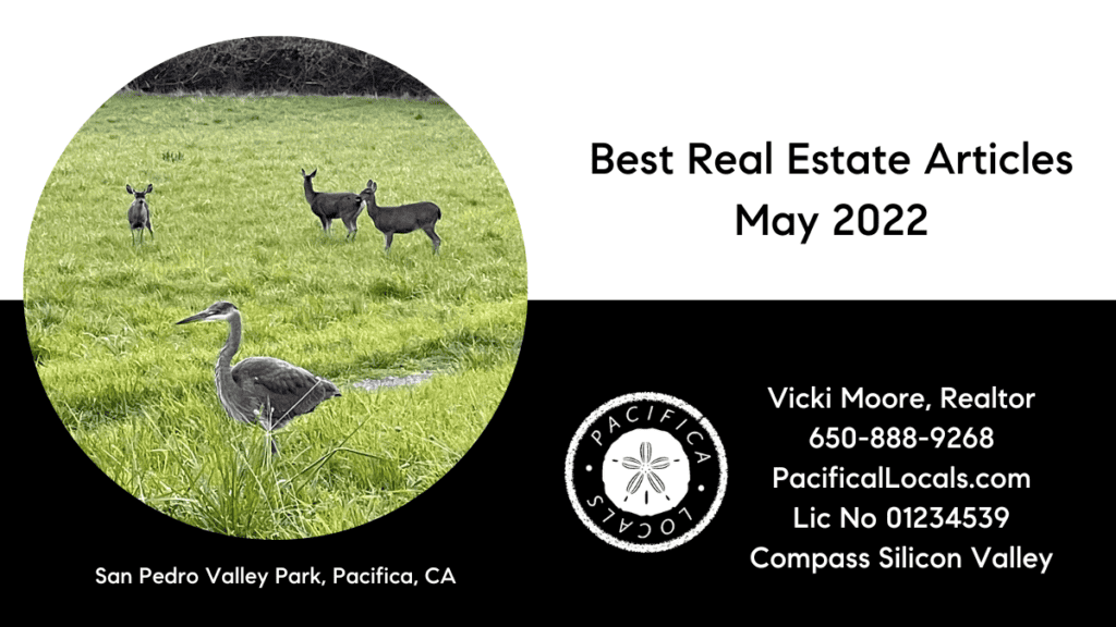 title: best real estate articles May 2022. Image: a green grassy field with a crane standing in front of several deer.