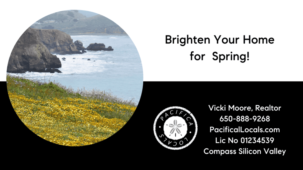 post title: Brighten Your Spring! Infuse Cheer into Your Home image: cliffside with spring flowers with the ocean and mountains in the background