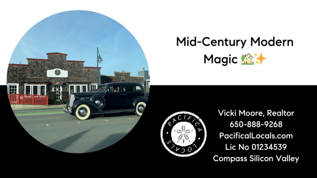 post title: mid-century modern magic. image: antique car on the road with a building behind it
