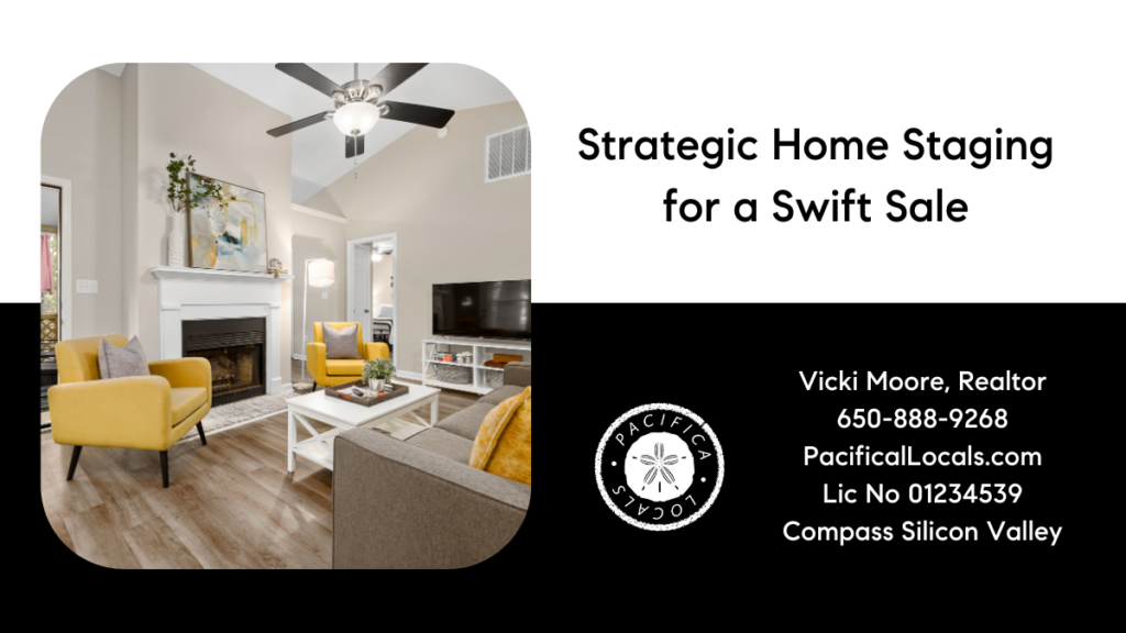 article title: strategic home staging for a swift sale. image: a neutral living room with a few bright pieces of furniture