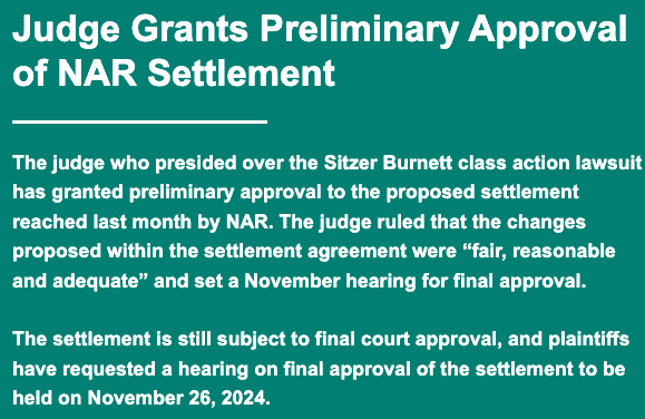 Text image of the statement that the judge has made a preliminary approval of the NAR settlement.